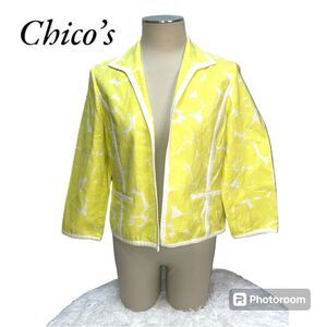 Chico's Optic Ceylon Yellow White Floral Open Front Jacket Blazer Size 1